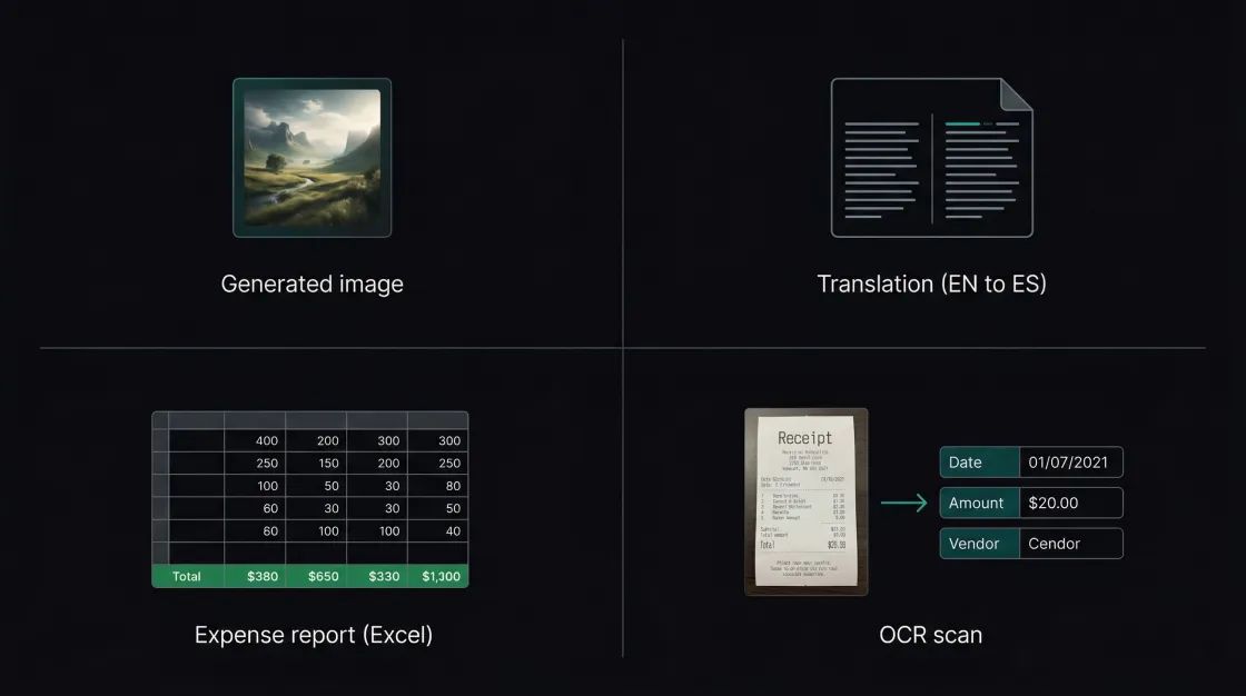 Four outputs: generated image, translation, expense report in Excel, OCR receipt scan