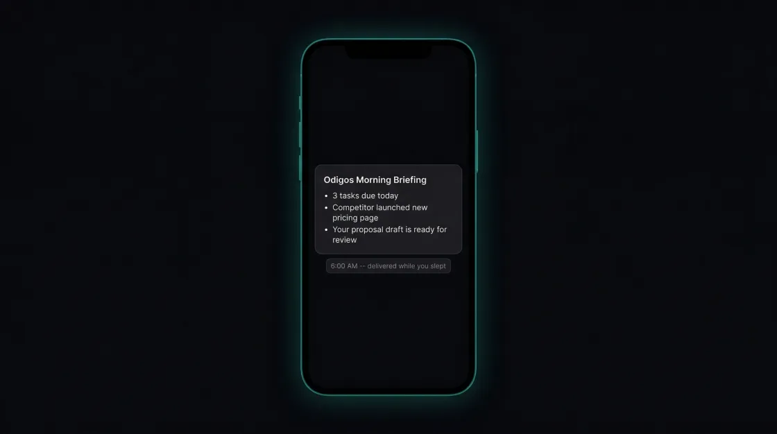 Phone showing Odigos Morning Briefing notification with tasks due and updates